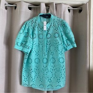NWT J. Crew Womens Puff Sleeve Popover Top Eyelet Sun Washed Aqua size M